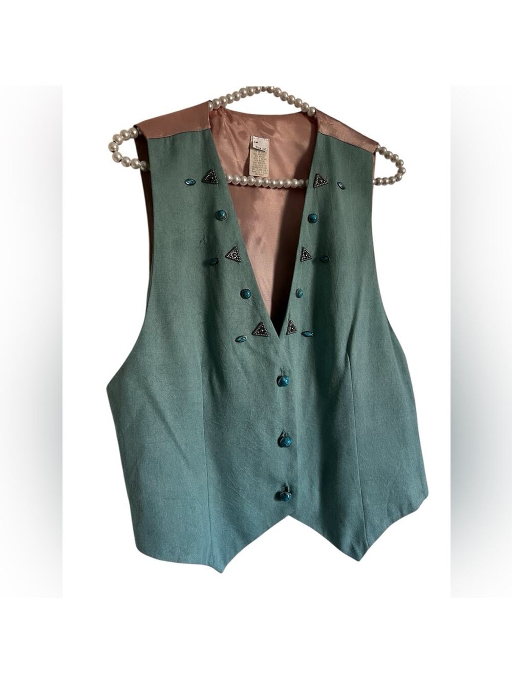 Vintage turquoise embellished vest top button up large western v neck notched